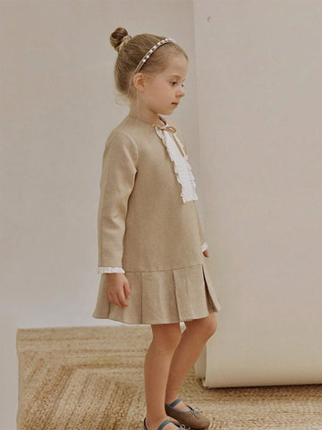 Girls Classic Houndstooth Pleated Dress, Retro French Style Party Princess Dress, Autumn/Winter