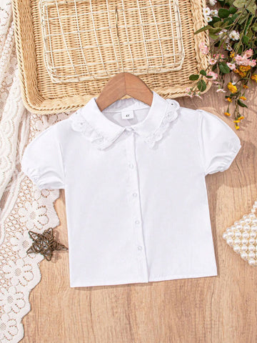 Girls Classic Lantern Sleeve Ruffle Collar White Short Sleeve Blouse, Suitable For School Activities, Parties, Performances And Formal Occasions
