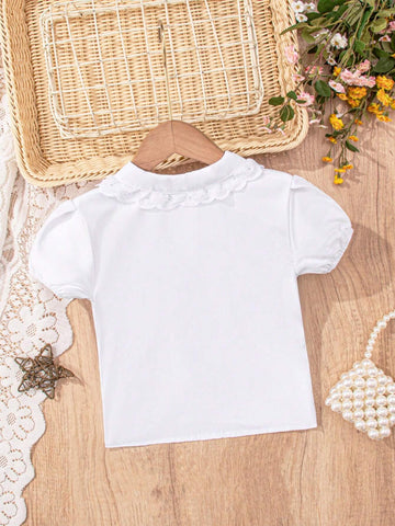 Girls Classic Lantern Sleeve Ruffle Collar White Short Sleeve Blouse, Suitable For School Activities, Parties, Performances And Formal Occasions