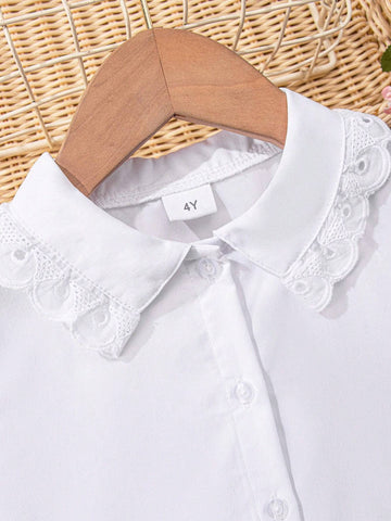 Girls Classic Lantern Sleeve Ruffle Collar White Short Sleeve Blouse, Suitable For School Activities, Parties, Performances And Formal Occasions