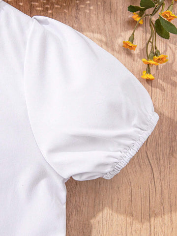 Girls Classic Lantern Sleeve Ruffle Collar White Short Sleeve Blouse, Suitable For School Activities, Parties, Performances And Formal Occasions