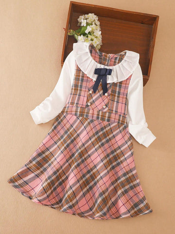Girls' Collared Colorblock Plaid Print Dress, Fall/Winter