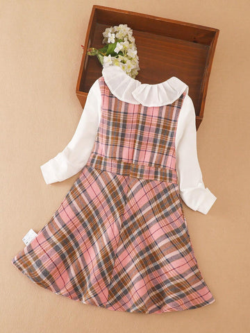 Girls' Collared Colorblock Plaid Print Dress, Fall/Winter