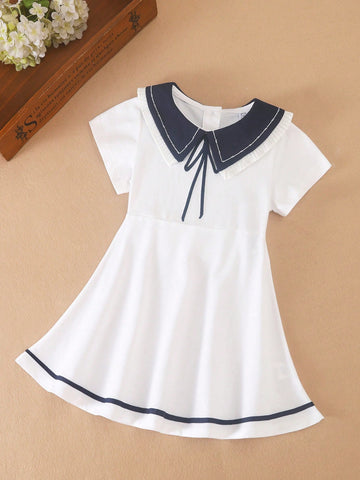 Girls' Collared Short Sleeve Sports Dress, Preppy Style, Summer