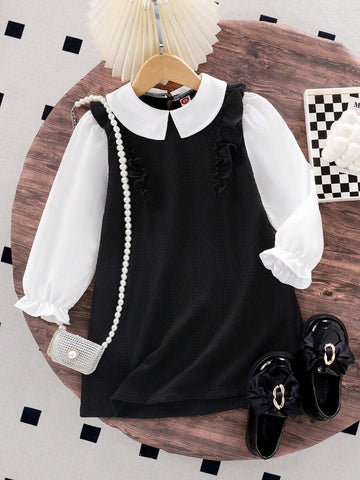 Girls' College Style Long Sleeve Peter Pan Collar Dress, Spring & Autumn