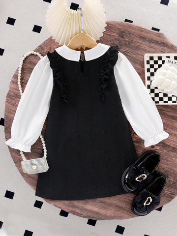 Girls' College Style Long Sleeve Peter Pan Collar Dress, Spring & Autumn