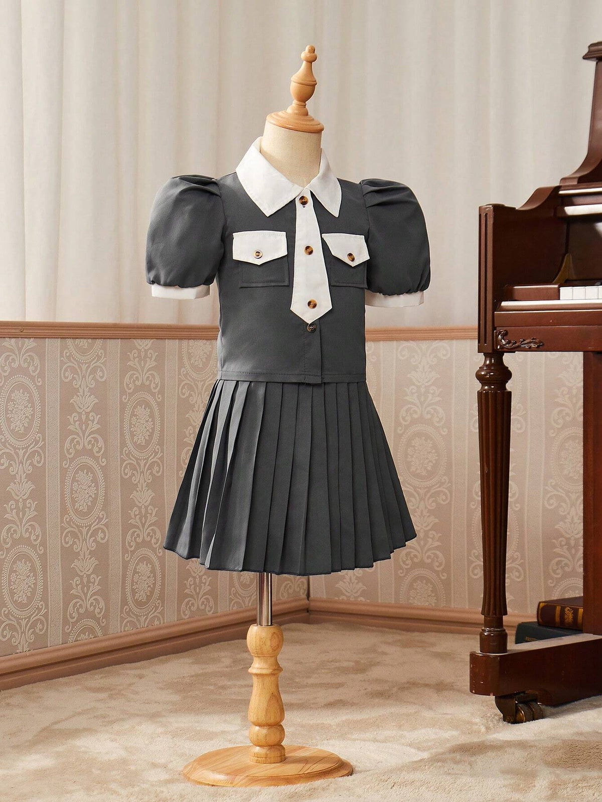 Girls' College Style Short-Sleeved Shirt With Lapel Collar + Pleated Skirt, 2pcs/Set