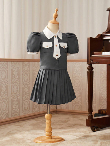 Girls' College Style Short-Sleeved Shirt With Lapel Collar + Pleated Skirt, 2pcs/Set