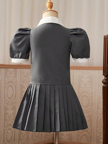 Girls' College Style Short-Sleeved Shirt With Lapel Collar + Pleated Skirt, 2pcs/Set
