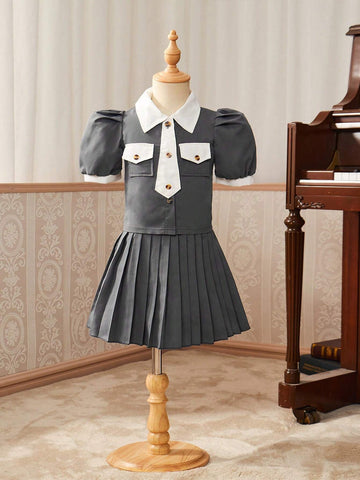 Girls' College Style Short-Sleeved Shirt With Lapel Collar + Pleated Skirt, 2pcs/Set