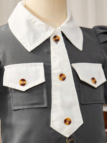 Girls' College Style Short-Sleeved Shirt With Lapel Collar + Pleated Skirt, 2pcs/Set