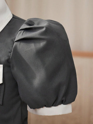 Girls' College Style Short-Sleeved Shirt With Lapel Collar + Pleated Skirt, 2pcs/Set