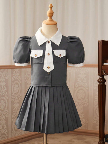Girls' College Style Short-Sleeved Shirt With Lapel Collar + Pleated Skirt, 2pcs/Set
