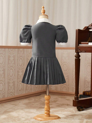 Girls' College Style Short-Sleeved Shirt With Lapel Collar + Pleated Skirt, 2pcs/Set