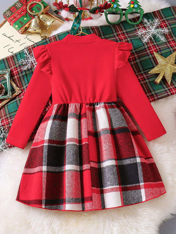 Girl's Collegiate Style Ribbed Long Sleeve High Neck Top And Plaid Patchwork Flare Skirt Dress, Winter Princess Outfit
