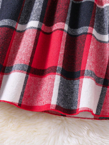 Girl's Collegiate Style Ribbed Long Sleeve High Neck Top And Plaid Patchwork Flare Skirt Dress, Winter Princess Outfit