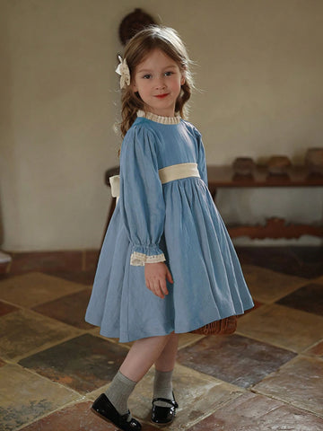 Girls' Color Block Lace Trim Princess Dress, Children's Palace Style Birthday Dress, Autumn/Winter