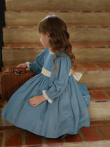 Girls' Color Block Lace Trim Princess Dress, Children's Palace Style Birthday Dress, Autumn/Winter