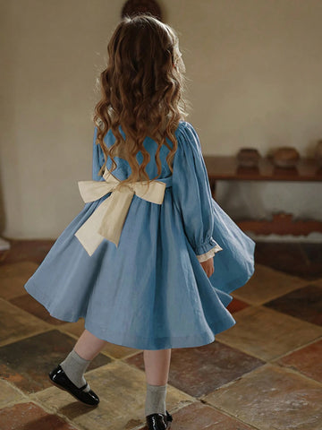 Girls' Color Block Lace Trim Princess Dress, Children's Palace Style Birthday Dress, Autumn/Winter