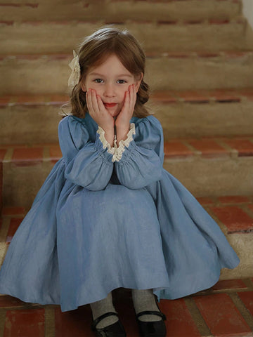 Girls' Color Block Lace Trim Princess Dress, Children's Palace Style Birthday Dress, Autumn/Winter