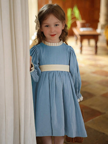 Girls' Color Block Lace Trim Princess Dress, Children's Palace Style Birthday Dress, Autumn/Winter