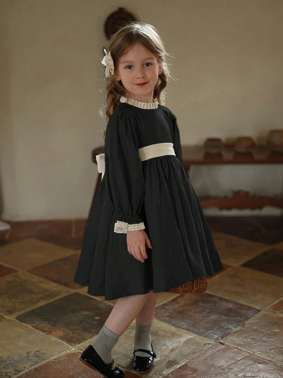 Girls Colorblock Lace Trim Princess Dress, Autumn/Winter, Elegant Princess Style For Birthday Party