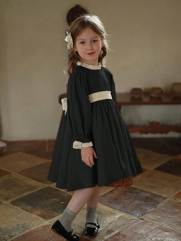 Girls Colorblock Lace Trim Princess Dress, Autumn/Winter, Elegant Princess Style For Birthday Party
