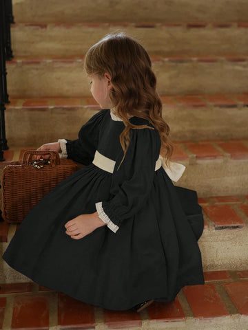 Girls Colorblock Lace Trim Princess Dress, Autumn/Winter, Elegant Princess Style For Birthday Party