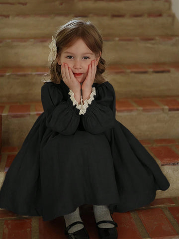 Girls Colorblock Lace Trim Princess Dress, Autumn/Winter, Elegant Princess Style For Birthday Party