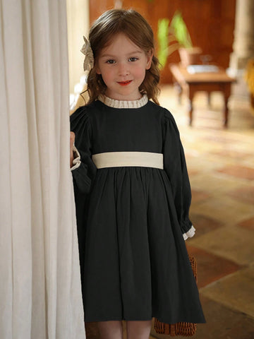 Girls Colorblock Lace Trim Princess Dress, Autumn/Winter, Elegant Princess Style For Birthday Party