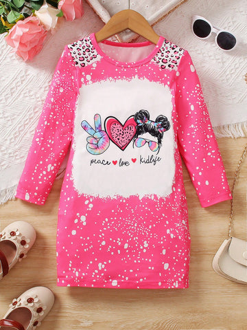 Girls Colorblock Leopard Print Heart Graphic Round Neck Long Sleeve Knee Length Dress, Spring & Summer