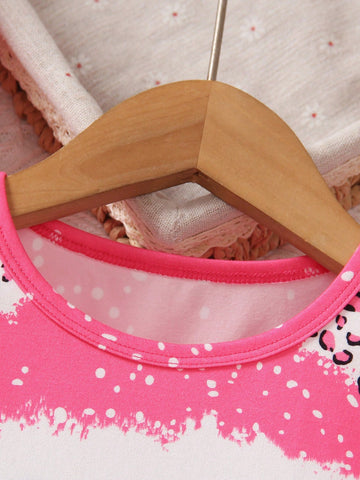 Girls Colorblock Leopard Print Heart Graphic Round Neck Long Sleeve Knee Length Dress, Spring & Summer