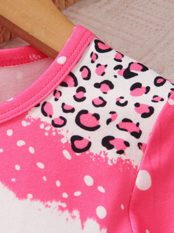 Girls Colorblock Leopard Print Heart Graphic Round Neck Long Sleeve Knee Length Dress, Spring & Summer