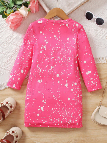 Girls Colorblock Leopard Print Heart Graphic Round Neck Long Sleeve Knee Length Dress, Spring & Summer