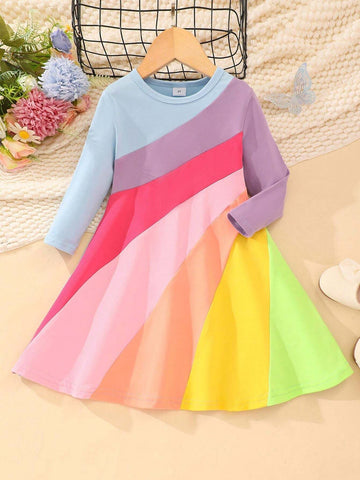 Girls Colorblock Round Neck Long Sleeve Casual Dress