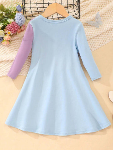 Girls Colorblock Round Neck Long Sleeve Casual Dress