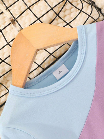 Girls Colorblock Round Neck Long Sleeve Casual Dress