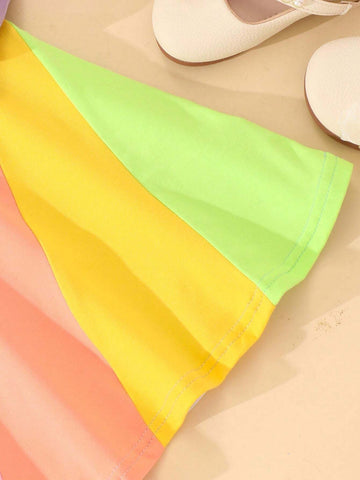 Girls Colorblock Round Neck Long Sleeve Casual Dress