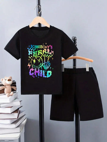 Girls" Colorful Funny Printed Short Sleeve Outfit For Spring, Summer And Autumn
