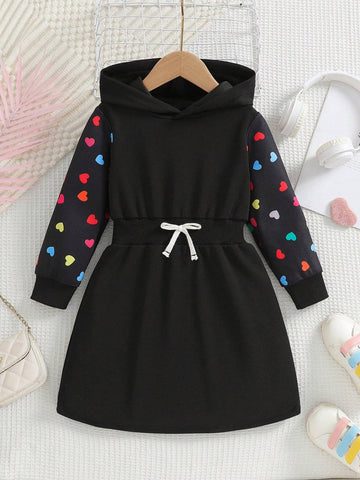 Girls' Colorful Heart Print Long Sleeve Hooded Casual Dress With Bow Accent & Contrast Sleeves
