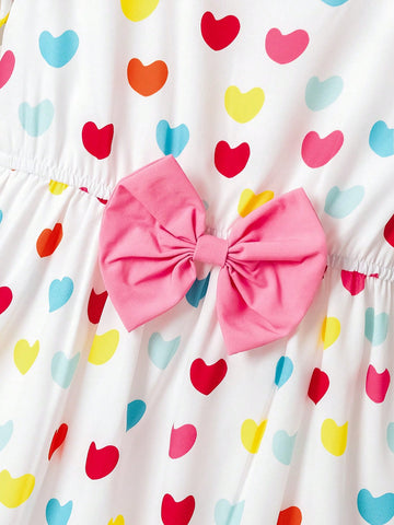 Girls Colorful Heart Puff Sleeve Bow Tie Dress For Toddlers, Sweet Puffy Skirt Princess Birthday Party Dress