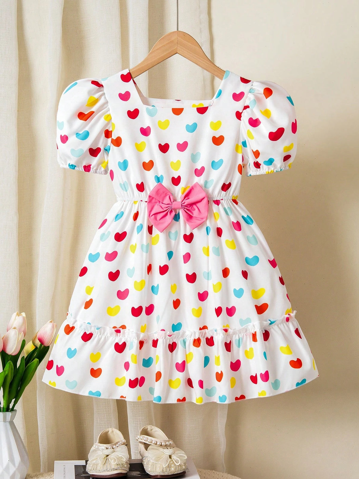 Girls Colorful Heart Puff Sleeve Bow Tie Dress For Toddlers, Sweet Puffy Skirt Princess Birthday Party Dress