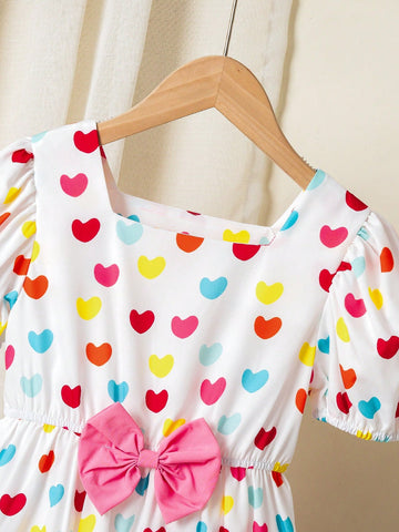 Girls Colorful Heart Puff Sleeve Bow Tie Dress For Toddlers, Sweet Puffy Skirt Princess Birthday Party Dress