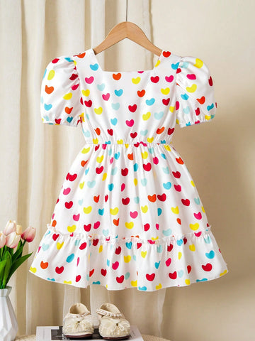 Girls Colorful Heart Puff Sleeve Bow Tie Dress For Toddlers, Sweet Puffy Skirt Princess Birthday Party Dress