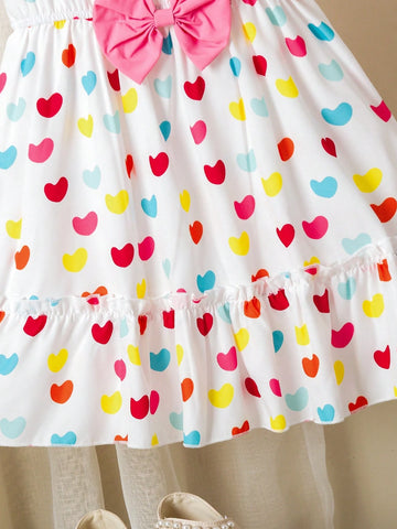 Girls Colorful Heart Puff Sleeve Bow Tie Dress For Toddlers, Sweet Puffy Skirt Princess Birthday Party Dress