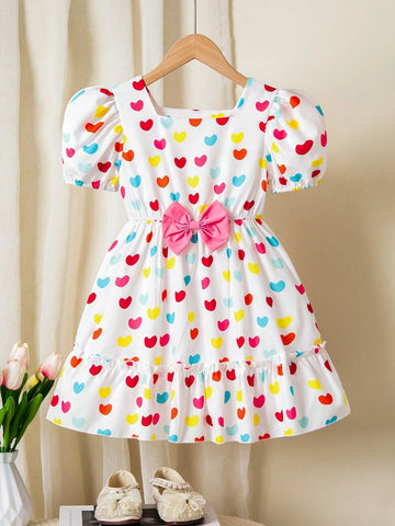 Girls Colorful Heart Puff Sleeve Bow Tie Dress For Toddlers, Sweet Puffy Skirt Princess Birthday Party Dress