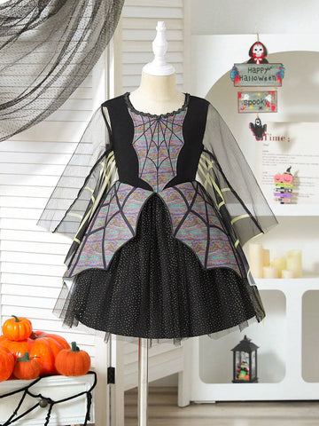 Girls Colorful Spider Web Patchwork Sequin Mesh Overlay Party Dress, Suitable For Halloween/Special Occasions