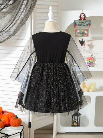 Girls Colorful Spider Web Patchwork Sequin Mesh Overlay Party Dress, Suitable For Halloween/Special Occasions