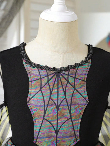 Girls Colorful Spider Web Patchwork Sequin Mesh Overlay Party Dress, Suitable For Halloween/Special Occasions