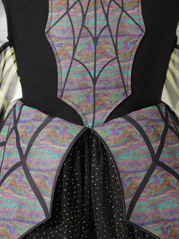 Girls Colorful Spider Web Patchwork Sequin Mesh Overlay Party Dress, Suitable For Halloween/Special Occasions